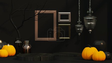 Photo for 3D Halloween background podium display on black, wood and pumpkin. Abstract minimal studio 3D render - Royalty Free Image