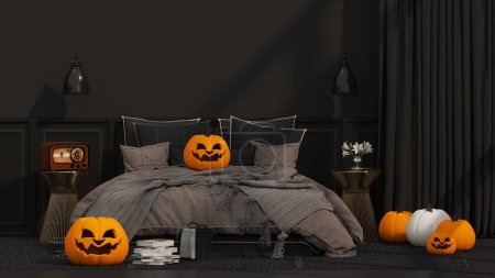 Foto de Fondo de Halloween en el dormitorio - decoraciones con linternas y jack-o-linterna. Decoración interior para otoño en fondo rosa negro. Ilustración 3D render 3D - Imagen libre de derechos