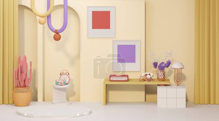Photo for Memphis style conceptual interior room. Colorfull living room interior  armchairs, yellow shelf with art decoration, clock, lamp, carpet on coral white and beige concrete floor. 3D rendering. - Royalty Free Image