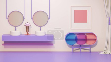 Foto de Habitación interior conceptual de estilo Memphis. Colorido interior de la sala de estar, maceta, estante rojo con decoración de arte, reloj, lámpara, alfombra en el piso de hormigón rosa y púrpura coral. Renderizado 3D. - Imagen libre de derechos