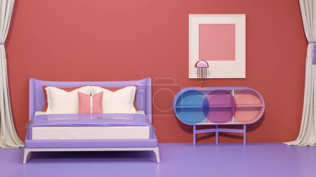 Téléchargez les photos : Salle intérieure conceptuelle de style Memphis. Fauteuils intérieurs colorés de la chambre à coucher, étagère avec décoration d'art, lampe, tapis sur sol rouge et béton rose. rendu 3D. - en image libre de droit