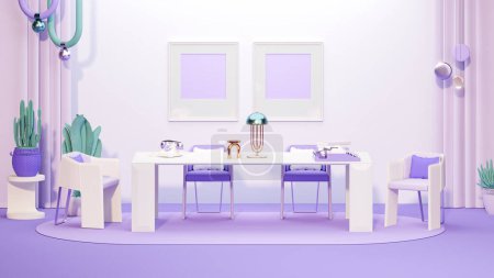 Téléchargez les photos : Design intérieur du salon violet, concept intérieur de memphis design, concept de design minimaliste. Idée créative. Maquette-toi. Rendu 3d - en image libre de droit