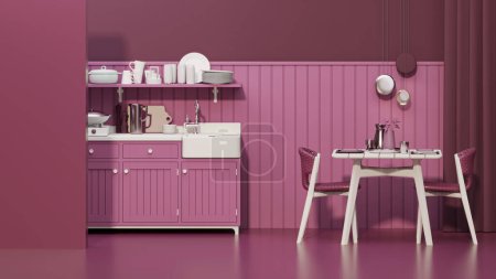 Téléchargez les photos : Salle de cuisine Viva magenta et design intérieur minimaliste. Élégant salon chambre rose foncé intérieur de l'appartement moderne et mobilier à la mode Décor de maison, rendu 3D - en image libre de droit