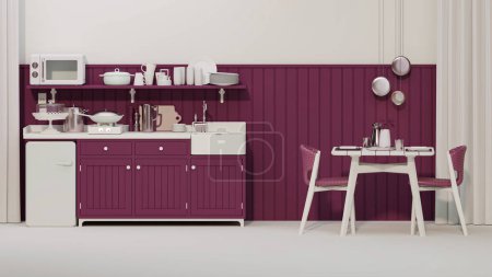 Foto de Sala de cocina Viva magenta y diseño interior minimalista. Elegante sala de estar de color rosa oscuro interior de la habitación de apartamento moderno y muebles de moda Decoración para el hogar, 3D render - Imagen libre de derechos