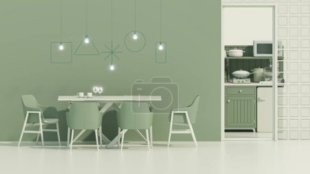 Téléchargez les photos : Salon vert avec accessoires de cuisine, dîner de table. Fond clair avec espace de copie. 3d rendu - en image libre de droit