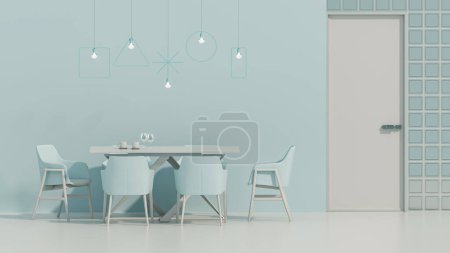Foto de Fondo azul pastel con cena de mesa, accesorios de sala de estar, sala de cocina. Fondo ligero con espacio de copia. 3d renderizar - Imagen libre de derechos