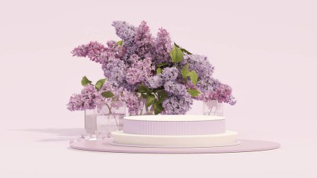 Téléchargez les photos : Affichage 3D podium, fond violet pastel avec des fleurs de lavande. Socle minimal pour la beauté, produit cosmétique. Valentine, modèle d'espace de copie féminine rendu 3d - en image libre de droit