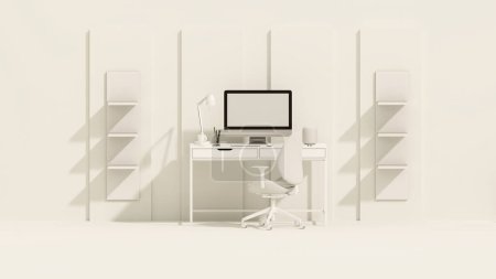 Photo for White and beige monochrome minimal office table desk. Minimal idea concept for study desk and workspace, frame photo. Mockup template, 3d rendering - Royalty Free Image