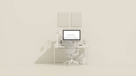 Foto de Blanco y beige monocromo mesa de oficina mínima. Concepto de idea mínima para escritorio de estudio y espacio de trabajo, foto de marco. Plantilla de burla, renderizado 3d - Imagen libre de derechos