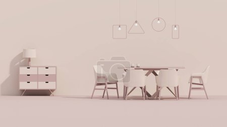 Foto de Sala de cocina rosa con fregadero y estufa incorporados y diseño interior minimalista. Mesa de cena sobre fondo pastel. renderizado 3d - Imagen libre de derechos