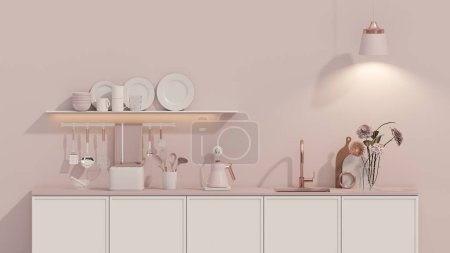 Photo for Pink kitchen room with built in sink and stove and minimalist interior design. Dinner table on pastel background. 3d rendering - Royalty Free Image
