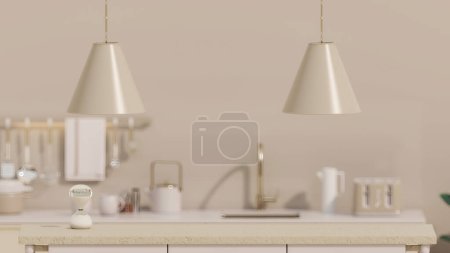 Foto de Moderna mesa de cocina de lujo blanco y beige con decoración y espacio de copia para montar la pantalla de su producto sobre el espacio de cocina moderna borrosa en el fondo. representación 3d, ilustración 3d - Imagen libre de derechos