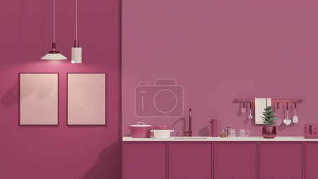 Foto de Viva magenta es una tendencia de color año 2023 en el salón de la cocina. Interior de la habitación en liso monocromo viva magenta color con lavabo, grifo, refrigerador, marco en el wall.3d render - Imagen libre de derechos