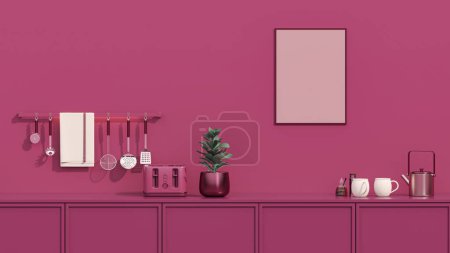 Foto de Viva magenta es una tendencia de color año 2023 en el salón de la cocina. Moderna mesa de cocina de lujo de color rosa oscuro con decoración, lavabo, grifo, lámpara, marco en la pared, mesa dinner.3d render - Imagen libre de derechos