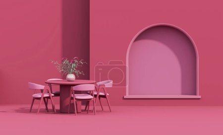 Photo for Interior of the room in plain monochrome dark pink color with table dinner and lamp. Luxury background with copy space. 3D rendering for web page, presentation. Viva Magenta color. - Royalty Free Image