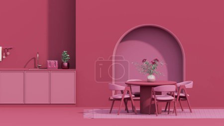 Téléchargez les photos : Viva magenta est une année de couleur tendance 2023 dans la salle de cuisine. Intérieur de la chambre en couleur viva magenta monochrome uni avec lavabo, robinet, réfrigérateur, cadre sur le mur. - en image libre de droit