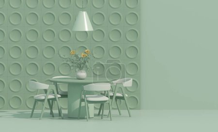 Photo for Interior of the room in plain monochrome green color with table dinner and flowers vase, lamp. Luxury background with copy space. 3D rendering for web page, presentation. - Royalty Free Image