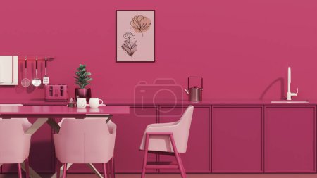 Téléchargez les photos : Viva magenta est une année de couleur tendance 2023 dans la salle de cuisine. Intérieur de la chambre en couleur viva magenta monochrome uni avec lavabo, robinet, réfrigérateur, cadre sur le mur. - en image libre de droit