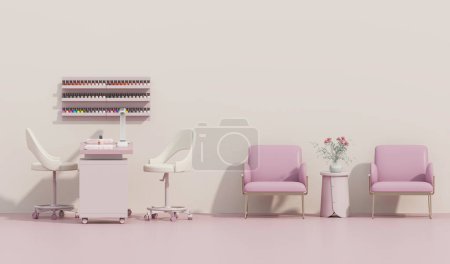 Photo for 3d render beauty spa nail salon on pastel pink background. 3d illustration of luxury Beauty Studio for women and men. Place for manicure and nail care, pedicure. Exclusive interior design. - Royalty Free Image