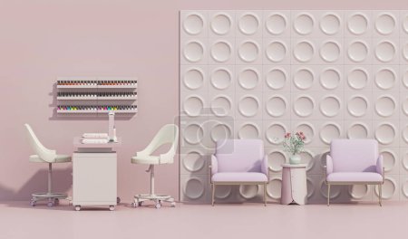 Photo for 3d render beauty spa nail salon on pastel pink background. 3d illustration of luxury Beauty Studio for women and men. Place for manicure and nail care, pedicure. Exclusive interior design. - Royalty Free Image