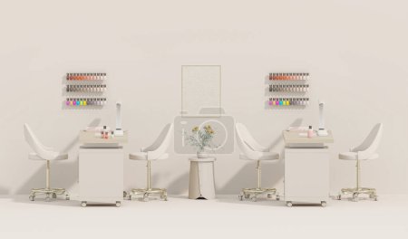 Photo for 3d render beauty spa nail salon on pastel beige background. 3d illustration of luxury Beauty Studio for women and men. Place for manicure and nail care, pedicure. Exclusive interior design. - Royalty Free Image
