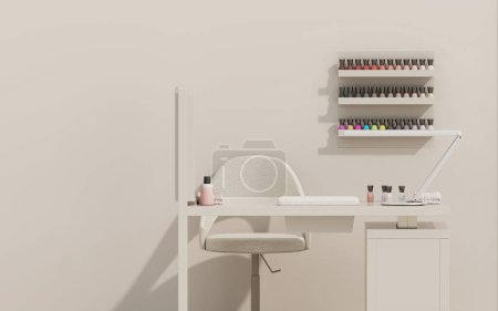 Photo for 3d render beauty spa nail salon on pastel beige background. 3d illustration of luxury Beauty Studio for women and men. Place for manicure and nail care, pedicure. Exclusive interior design. - Royalty Free Image