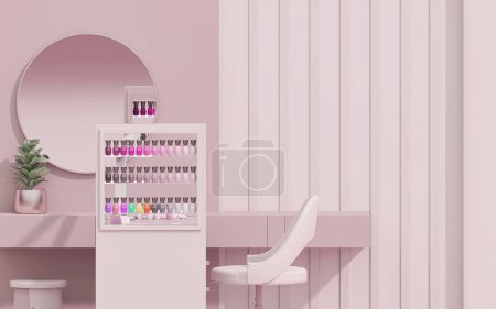 Téléchargez les photos : 3d rendre salon de beauté spa ongles sur fond rose pastel. Illustration 3D de Beauty Studio de luxe pour femmes et hommes. Place pour la manucure et le soin des ongles, pédicure. Design d'intérieur exclusif. - en image libre de droit