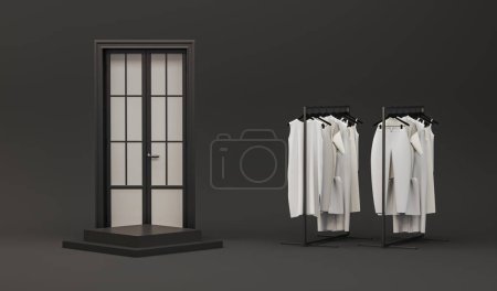 Foto de Puerta cerrada en una habitación oscura con podio abstracto, fondo negro. Moderno concepto minimalista con ropa colgada en un estante. Composición creativa. Renderizado friday.3d negro - Imagen libre de derechos
