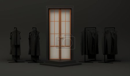 Téléchargez les photos : Porte fermée dans une pièce sombre avec podium abstrait, fond noir. Concept minimaliste moderne avec des vêtements suspendus sur un rack. Composition créative. Black Friday.3d rendu - en image libre de droit