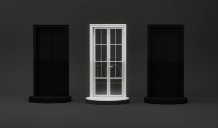 Photo for White door in a dark room with abstract podium , black background.Modern minimal concept with clothes hanging on a rack. Creative composition. Black friday.3d render - Royalty Free Image