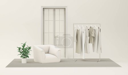 Photo for Clothes hanging on a rack, plant pot, armchair on white and beige background. Creative composition. Light background with copy space. 3D render for web page, presentation, studio, store fashion - Royalty Free Image