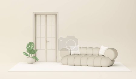 Photo for Minimal door and plant pot, armchair on white and beige background. Creative composition. Light background with copy space. 3D render for web page, presentation, studio, store fashion - Royalty Free Image