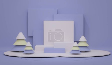 Téléchargez les photos : Joyeux Noël et bonne année composition 3D festive avec des arbres de Noël réalistes, de grandes boîtes-cadeaux. Noël sur fond de couleur bleu pourpre nature d'hiver, conception de vacances. 3d rendu - en image libre de droit