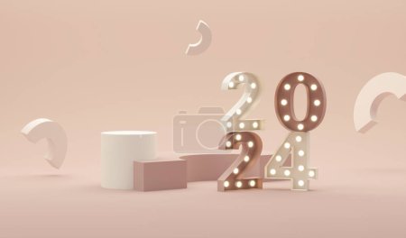 Foto de Año nuevo 2024 celebraciones con el número de neón rosa. Diseño Premium para Feliz Año Nuevo y saludos navideños. Banner de venta 3D con texto en oro rosa - Imagen libre de derechos