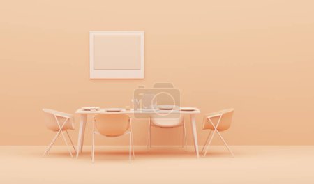 Photo for Peach fuzz is trend color of the year 2024 with table dinner and lamp, arch door. Luxury background with copy space. Pastel orange nude colors scene. Trendy 3d render for social media - Royalty Free Image