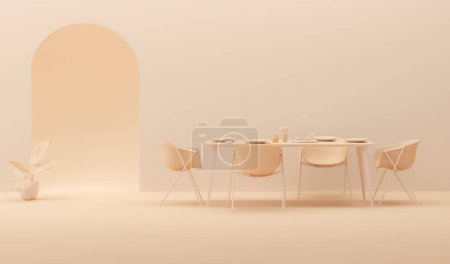 Photo for Peach fuzz is trend color of the year 2024 with table dinner and lamp, arch door. Luxury background with copy space. Pastel orange nude colors scene. Trendy 3d render for social media - Royalty Free Image