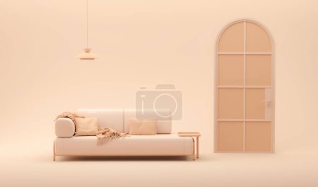 Foto de Maqueta interior en tonos cálidos con sofá de pelusa melocotón, maceta de plantas, mesa en salón con decoración en la pared, color de aplastamiento de albaricoque y fondo naranja. Renderizado 3D - Imagen libre de derechos