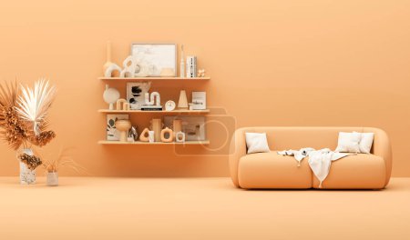 Photo for Interior wall mockup in warm tones with beige linen sofa, plaid, dried grass, brass table in living room with decoration on wall, apricot crush color and orange background. 3D rendering, illustration. - Royalty Free Image