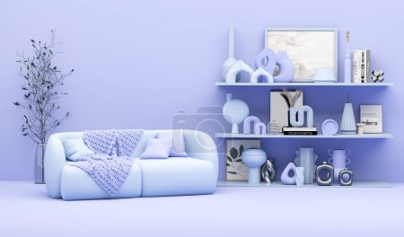 Téléchargez les photos : Design d'intérieur créatif en studio violet bleu pastel avec buffet, décoration d'art, pot de plantes et fauteuil. Fond de couleur violet pastel. rendu 3D pour page web, présentation ou cadre photo - en image libre de droit