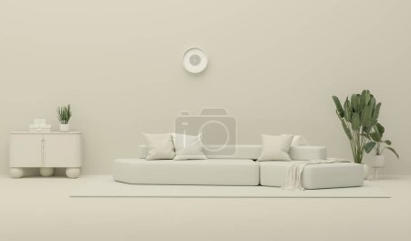 Foto de Sofá salón en salón con decoración. Composición creativa. Fondo blanco y beige con espacio para copiar. 3D renderizado para página web, presentación, estudio, tienda de moda - Imagen libre de derechos