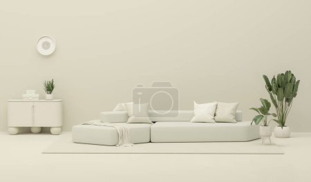 Photo for Lounge sofa in living room with decoration. Creative composition. White and beige background with copy space. 3D render for web page, presentation, studio, store fashion - Royalty Free Image