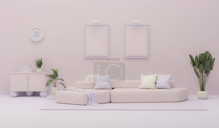 Foto de El púrpura es el color de tendencia del año 2024 en tonos encantadores con sofá salón en la sala de estar con decoración de marco, color beige y fondo rosa. Renderizado 3D - Imagen libre de derechos