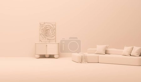Foto de Pelusa de melocotón es el color de tendencia del año 2024 en tonos cálidos con sofá salón en la sala de estar con decoración, color de aplastamiento de albaricoque y fondo naranja. Renderizado 3D - Imagen libre de derechos
