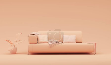 Photo for Interior mockup in warm tones with Peach fuzz sofa, plant pot, table in living room with decoration on wall, apricot crush color and orange background. 3D render - Royalty Free Image
