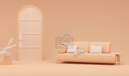 Foto de Maqueta interior en tonos cálidos con sofá de pelusa melocotón, maceta de plantas, mesa en salón con decoración en la pared, color de aplastamiento de albaricoque y fondo naranja. Renderizado 3D - Imagen libre de derechos