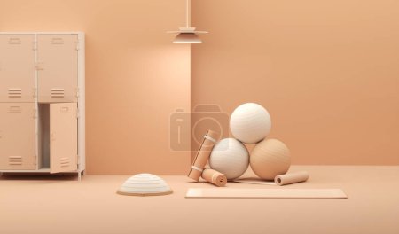 Photo for Peach Fuzz is a trend colour year 2024 in sport fitness equipment. Locker room gym school interior. Sport mat, yoga block. Gym 3d render - Royalty Free Image