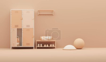 Photo for Peach Fuzz is a trend colour year 2024 in sport fitness equipment. Locker room gym school interior. Sport mat, yoga block. Gym 3d render - Royalty Free Image