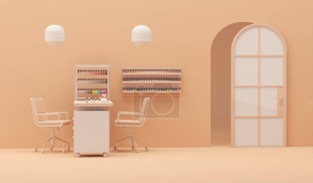 Photo for Beauty spa nail salon on peach fuzz color trend 2024 background. 3d render of luxury Beauty Studio for women and men. Place for manicure and nail care, pedicure. - Royalty Free Image