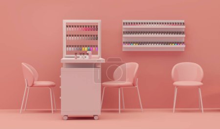 Foto de Beauty spa nail salon on peach fuzz color trend 2024 background. 3d render of luxury Beauty Studio for women and men. Place for manicure and nail care, pedicure. - Imagen libre de derechos
