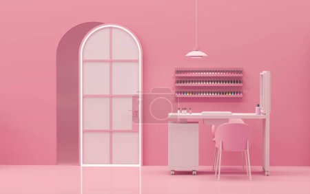 Téléchargez les photos : Beauty spa nail salon on pastel pink color trend 2024 background. Nail Bar and beauty salon for women and men. Place for manicure and nail care, pedic - en image libre de droit